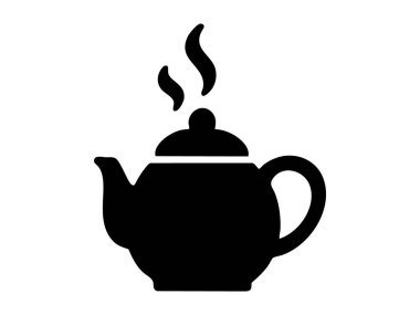 Siyah buharlı çaydanlık silueti, beyaz arka planda izole edilmiş. Çay, kahve, kafe, içecek hazırlama, sıcak içecek, ikon, logo, tasarım unsuru, mutfak dekorasyonu.