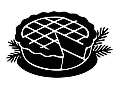 Dilimlenmiş siyah noel pastası ve beyaz arka planda izole edilmiş çam dalları. Tatil tatlısı, bayram yemeği, Noel, kutlama, tasarım unsuru.