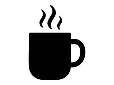 Beyaz arka planda izole edilmiş siyah kahve fincanı silueti. Sıcak içecek, kafe içeceği, sabah ritüeli, tasarım unsuru, simge, logo, sıcaklık, minimalist sanat.