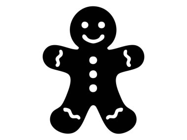 Beyaz arka planda siyah siluet ile süslü zencefilli kurabiye adam kurabiye ikonu. Noel konsepti, tatil sezonu, pişirme, şenlikli ikramlar, geleneksel kurabiyeler, dekorasyon, tasarım unsuru.