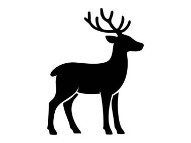 Beyaz arka planda geyik boynuzları olan siyah bir siluet. Noel konsepti, yeni yıl, tatil, kış, şenlikli hayvan, ikon, logo, mevsimlik dekor.