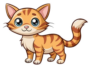 Beyaz arka planda izole edilmiş, iri gözlü, dost canlısı, turuncu tekir bir kedi yavrusunun hoş bir çizimi. Sevimli kedi, çizgi film hayvanı, eğlenceli kedi, hayvan tasarım elementi konsepti.