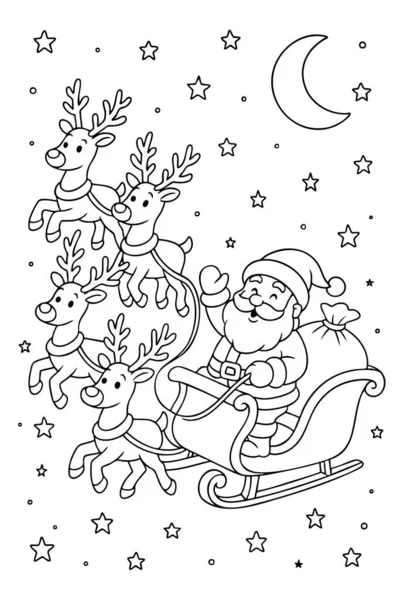 Noel renklendirme sayfasında Noel Baba 'nın gece gökyüzünde ren geyiği ve yıldızlarla kızağa bindiği bayram çocukları aktiviteleri, şenlik eğlencesi. siyah outlie, beyaz arkaplanda izole edilmiş, dikey.