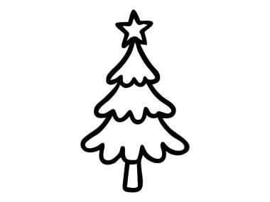 Beyaz arka planda yıldızlı siyah noel ağacı karalaması. Tatil dekoru konsepti, festival sezonu, kış kutlaması, ikon, logo, oyuncu tasarım unsuru.