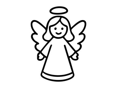 Beyaz arka planda izole edilmiş, halesi ve kanatları olan siyah beyaz bir melek. Noel konsepti, tatil dekoru, sevimli gökyüzü karakteri, festival illüstrasyonu, ikon tasarımı.