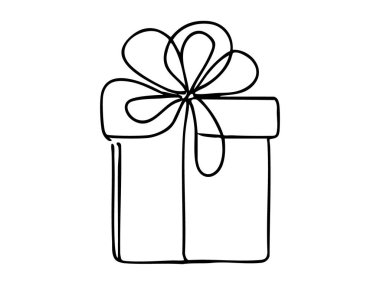 Aralıksız çizilmiş bir hediye kutusu, kurdele ve fiyonk, siyah çizgiler. Minimalist sanat konsepti, hediye, simge, logo, tasarım unsuru, beyaz arka planda izole edilmiş..