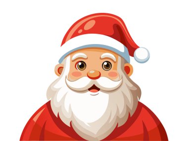 Beyaz ponponlu kırmızı şapkalı ve tüylü sakallı çekici Noel Baba çizimi. Noel konsepti, bayram neşesi, festival sezonu, Aziz Nicholas, kış kutlaması, beyaz arka planda izole edilmiş..