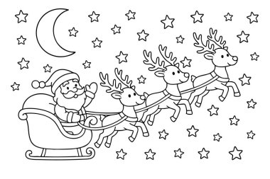 Noel Baba 'lı çocuklar için Noel boyama sayfası ren geyiği ve gece gökyüzündeki yıldızlarla kızak sürüyor. Tatil çocukları için. siyah çizgi, beyaz arkaplanda izole edilmiş.