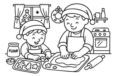 Babaları ve çocukları için Noel boyama sayfası mutfakta tatil kurabiyeleri pişiren, bayram aktiviteleri, tatil eğlencesi, siyah özet, beyaz arka planda izole edilmiş.
