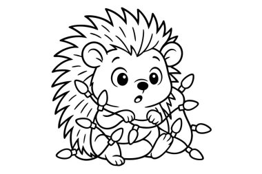 Çocuk aktiviteleri için tatil ışıklarına dolanmış şirin kirpiyle çok güzel bir Noel boyama sayfası. Siyah tasvirler, kış eğlencesi için mükemmel, beyaz arka planda izole edilmiş..