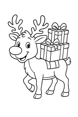 Çocuklar için Noel boyama sayfası. Sırtında hediye kutuları taşıyan sevimli bir ren geyiği var. Tatil çocukları için mükemmel bir etkinlik. Siyah çizgili, beyaz arka planda izole edilmiş. dikey.
