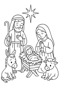 Bebek İsa 'nın, Mary, Joseph ve hayvanlarla birlikte yemlikte olduğu doğum sahnesi boyama sayfası Noel aktiviteleri için mükemmel. Siyah çizgili, beyaz arka planda izole edilmiş. dikey.