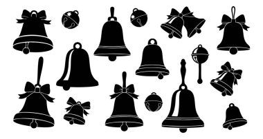 Beyaz arka planda izole edilmiş siyah siluet Noel çanları. Tatil sezonu konsepti, şenlikli dekor, jingle, kutlama, ikon, tasarım unsuru.