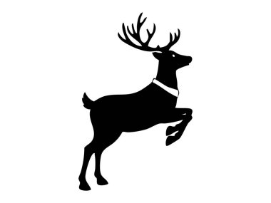 Beyaz arka planda izole edilmiş, dinamik duruşu olan siyah ren geyiği silueti. Vahşi yaşam konsepti, görkemli hayvan, Noel ikonu, bayram dekoru, şenlikli tasarım unsuru.