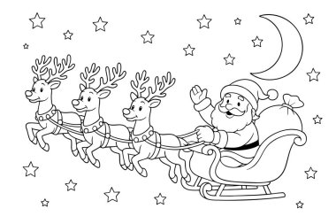 Noel Baba 'lı çocuklar için Noel boyama sayfası ren geyiği ve gece gökyüzündeki yıldızlarla kızak sürüyor. Tatil çocukları için. siyah çizgi, beyaz arkaplanda izole edilmiş.