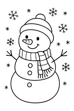 Kar taneleri, siyah çizgiler, beyaz arka planda izole edilmiş, eğlenceli tatil aktiviteleri olan şapkalı ve eşarplı çocukların Noel boyama sayfası. dikey.