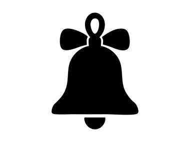 Beyaz arka planda izole edilmiş bir kurdelesi olan siyah bir Noel çanının silüeti. Tatil dekorasyonu, festival sezonu, simge, minimalist sanat, kartlar için tasarım unsuru.
