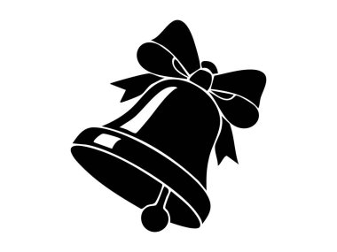 Beyaz arka planda izole edilmiş, kurdeleli siyah bir Noel çanı silueti. Tatil dekorasyonu, şenlik süsü, minimalist sanat, noel dekoru, ikon, tasarım unsuru.
