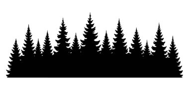 Beyaz arka planda çam ağaçları olan siyah orman silueti. Doğa, manzara, ağaçlık, siluet sanat, ormancılık, tasarım unsuru, dekorasyon.