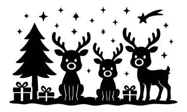 Beyaz arka planda izole edilmiş yıldızlı gece gökyüzünün altında üç ren geyiği ve çam ağacının siyah silueti. Noel konsepti, tatil dekoru, şenlik sezonu, kış tasarımı..