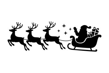 Beyaz arka planda gece gökyüzünde uçan ren geyiği kızağıyla Noel Baba 'nın siyah silueti. Noel konsepti, tatil ruhu, şenlikli dekor, kış büyüsü, illüstrasyon..