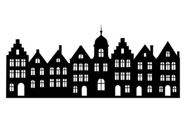 Beyaz arka planda izole edilmiş, üst üste Avrupa 'daki evlerin siyah silueti. Mimarlık konsepti, kentsel manzara, tarihi binalar, şehir silueti, tasarım elementi.