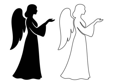 Kanatları havada, beyaz arka planda izole edilmiş, Noel meleğinin silueti ve ana hatları. Maneviyat, koruyucu, barış, tasarım unsuru, ilahi, ilahi figür konsepti.