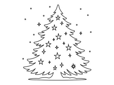 Beyaz arka planda gösterilen yıldız ve noktalarla süslenmiş dekore edilmiş noel ağacı taslağı. Bayram konsepti, kış kutlaması, mevsimlik dekor, tasarım unsuru