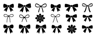 Beyaz arka planda izole edilmiş siyah siluet yay tasarımları koleksiyonu. Moda aksesuarları, hediye ambalajları, dekoratif öğeler, süsleme ikonları, stil, ipek yaylar..