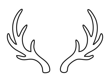 Beyaz arka planda izole edilmiş ren geyiği boynuzlarının siyah çizgisi, illüstrasyon. Noel konsepti, dekorasyon, festival sanatı, vahşi yaşam sembolü, ikon, logo, tasarım unsuru.