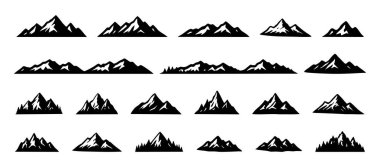 Beyaz arka planda izole edilmiş çeşitli sıradağlardan oluşan siyah siluetler. Doğa konsepti, seyahat ilham kaynağı, macera sembolü, manzara tasarımı, ikon, logo, açık hava..