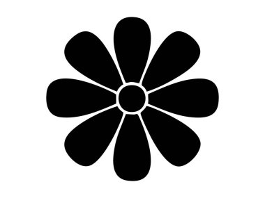 Beyaz arka planda izole edilmiş siyah papatya çiçeği silueti. Çiçek ikonu, tasarım unsuru, doğa, basitlik, zarafet, dekoratif sanat, minimalist illüstrasyon.