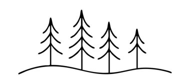 Beyaz arka planda siyah çam ağaçlarının basit çizgisi. Doğa, orman, minimalist tasarım, manzara, ikon, logo, tasarım unsuru, karalama.