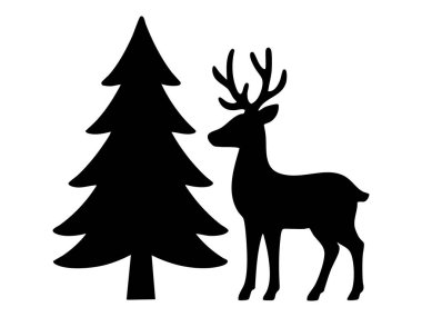 Beyaz arka planda izole edilmiş çam ağacının yanında duran siyah geyik silueti. Vahşi yaşam, doğa, orman hayvanı, bayram sembolü, Noel, kış dekoru, tasarım unsuru.