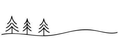 Beyaz arka planda izole edilmiş üç çam ağacının siyah karalaması. Doğa, orman, manzara, minimalist sanat, simge, logo, tasarım unsuru, kopyalama alanı.