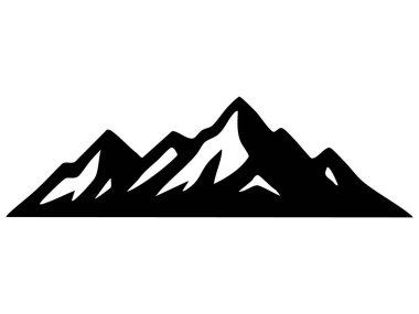 Beyaz arka planda izole edilmiş siyah dağ silueti, illüstrasyon. Doğa, manzara, macera, keşif, açık hava manzarası, tasarım elementi.