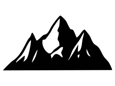 Siyah dağ silueti, kar zirveleri beyaz arka planda izole edilmiş, grafik çizimi. Doğa kavramı, açık hava macerası, yürüyüş seyahat sembolü, tasarım için peyzaj unsuru.