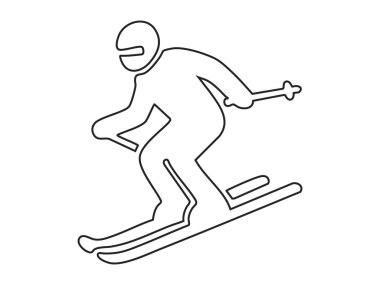 Siyah ana hatlı kayakçı simgesi, beyaz arka planda izole edilmiş. Kış sporları, kayak, atlet silueti, aktif yaşam tarzı, ikon, tasarım unsuru.