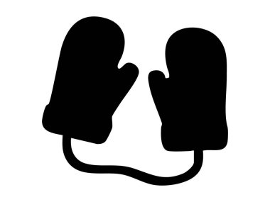 Siyah eldivenlerin silueti beyaz arka planda izole edilmiş bir iple bağlanmış. Soğuk hava, sıcak giysi, kışlık giysi, rahat ve tasarım öğesi kavramı..