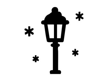 Beyaz arka planda izole edilmiş kar taneleri olan, kış sokak lambasının siyah silueti. Kış ikonu, karlı hava, sokak dekorasyonu, mevsimlik tasarım, bayram sembolü..