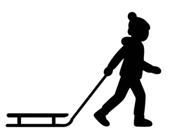 Kızak çeken siyah çocuk silueti, beyaz arka planda kış faaliyet simgesi. Açık hava eğlencesi, kış sporu, çocukluk anıları, mevsimsel hobi, tasarım unsuru.