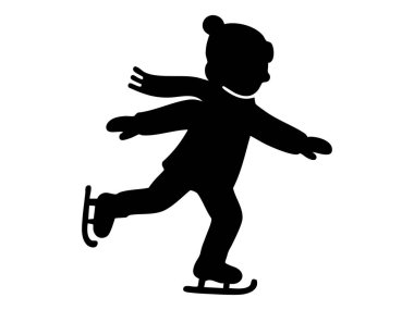 Siyah buz pateni silueti, kışlık giysiler ve şapka giymiş, beyaz arka planda izole edilmiş. çocukluk konsepti, kış aktivitesi, eğlence, buz sporu, ikon, tasarım unsuru..