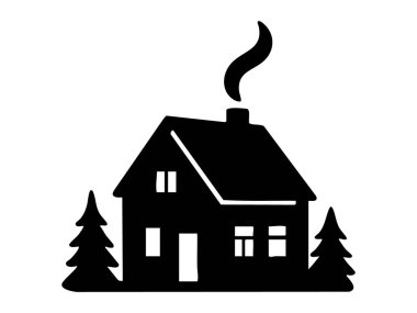 Baca ve dumanla kaplı, ağaçlarla çevrili, beyaz arka planda izole edilmiş siyah bir ev silueti. ev konsepti, mimari, rahat kabin, siluet tasarımı..