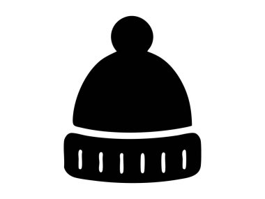 Beyaz arka planda izole edilmiş ponponlu siyah bereli siluet. Sıcak kış modası konsepti, başlık, sıcak aksesuar, ikon, tasarım unsuru.