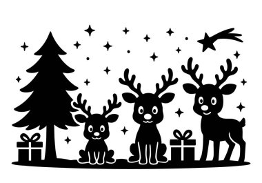Beyaz arka planda izole edilmiş, hediyeli ve noel ağacı olan siyah bir ren geyiği ailesi silueti. Tatil konsepti, şenlikli dekor, kış, yıldızlı gece, kutlama, mevsimlik tasarım.