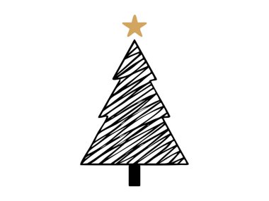 Beyaz arka planda izole edilmiş, el çizimi karalama tarzıyla çizilmiş bir Noel ağacı. Tatil konsepti, şenlikli dekor, basit tasarım, ikon, mevsimlik kutlama, sanat öğesi.