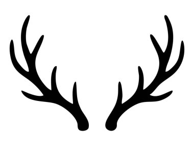 Geyik boynuzlarının siyah silueti beyaz arka planda izole edilmiş. Vahşi yaşam konsepti, boynuz ikonu, tasarım unsuru, noel dekoru, doğa, boynuz illüstrasyonu, kış sembolü.