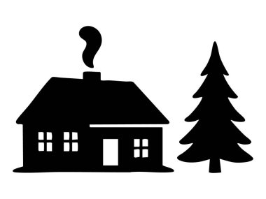 Beyaz arka planda izole edilmiş siyah siluet ve çam ağacı. Tatil sezonu konsepti, kış sahnesi, Noel dekoru, ev, sadelik, minimal tasarım.