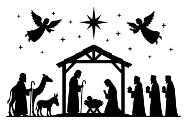 İsa 'nın doğuş sahnesinin siyah silueti, yemlik, melekler, çobanlar, bilgeler ve beyaz arka planda hayvanlar. Noel konsepti, dini simge, kutsal gece, şenlikli dekor..