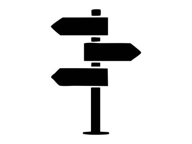 Beyaz arka planda izole edilmiş siyah işaret direklerinin silueti. Navigasyon, yön, seyahat, kılavuz direği, simge, işaret, yol bulma, sokak tabelaları, yol simgeleri.